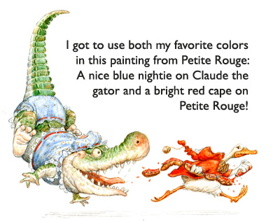 ‘Claude the ‘Ol Gator’ chasing Petite Rouge.   A fractured fairytale illustration by Jim Harris from ‘Petite Rouge, A Cajun Little Red Riding Hood.’